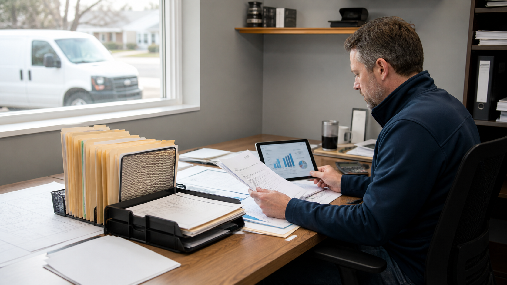 HVAC owner reviewing operating records before a confidential sale