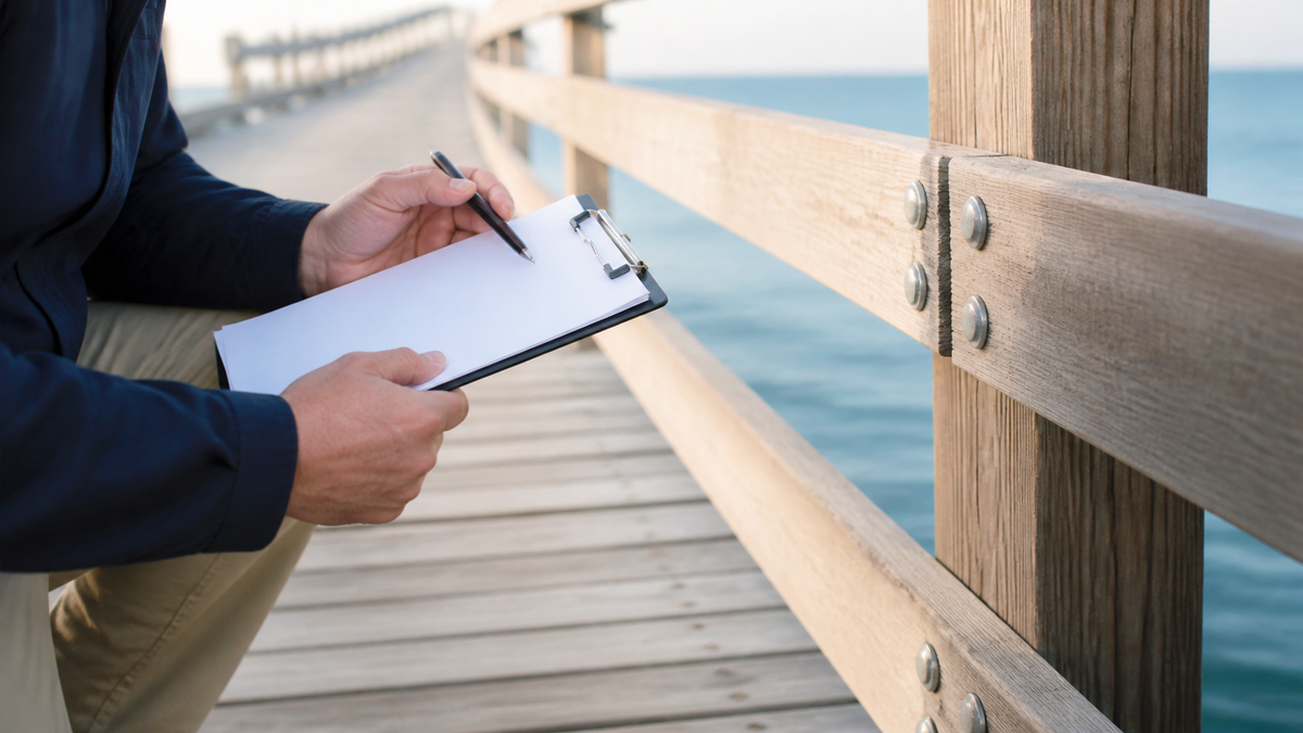 Caretaker documenting visible fishing-pier railing and fastener conditions