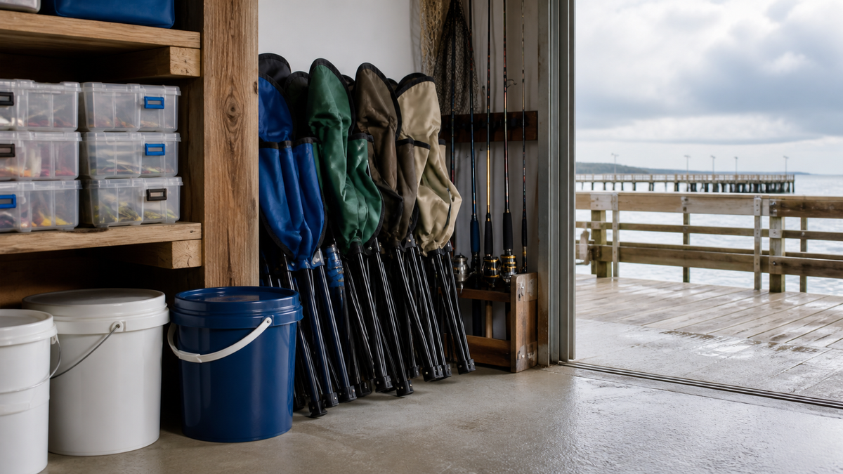 Fishing-pier gear secured indoors before windy weather